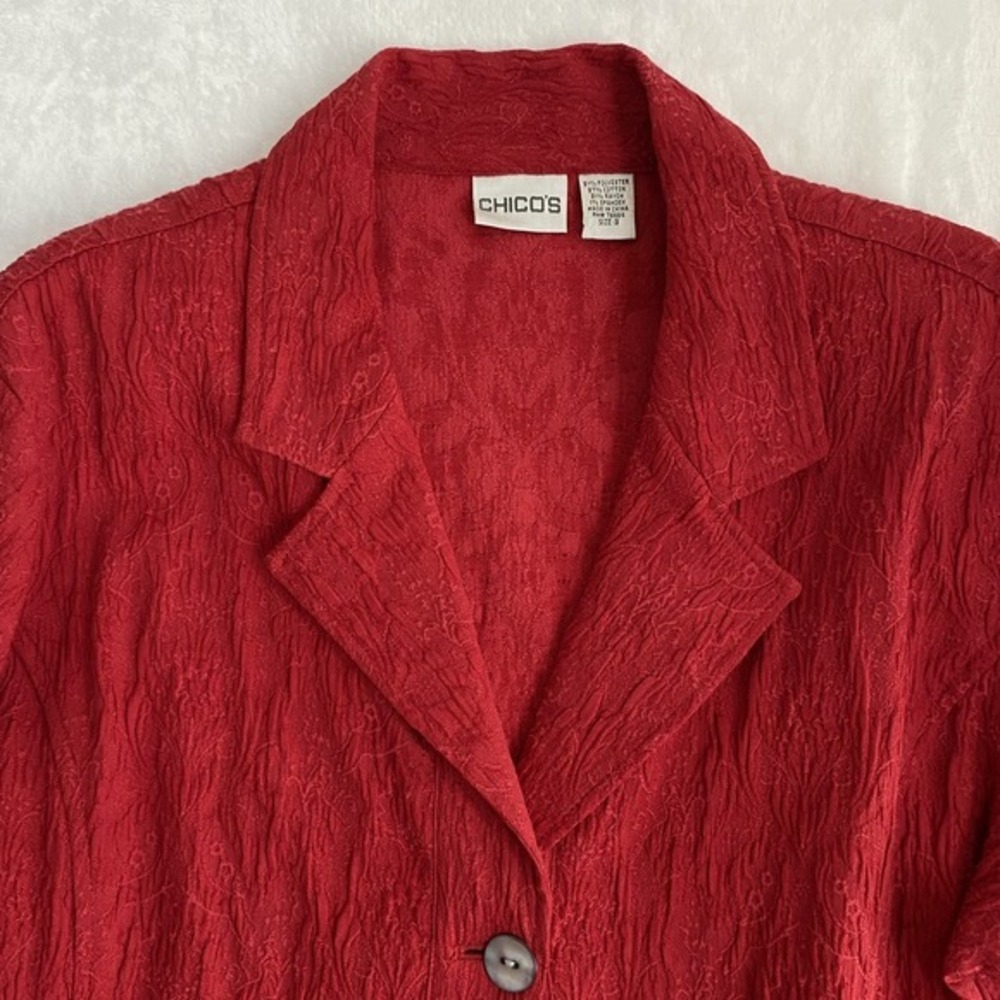 Chico's Jacket Blazer Women's Sz XL Red Floral Crumpled‎ Cotton Blend Office